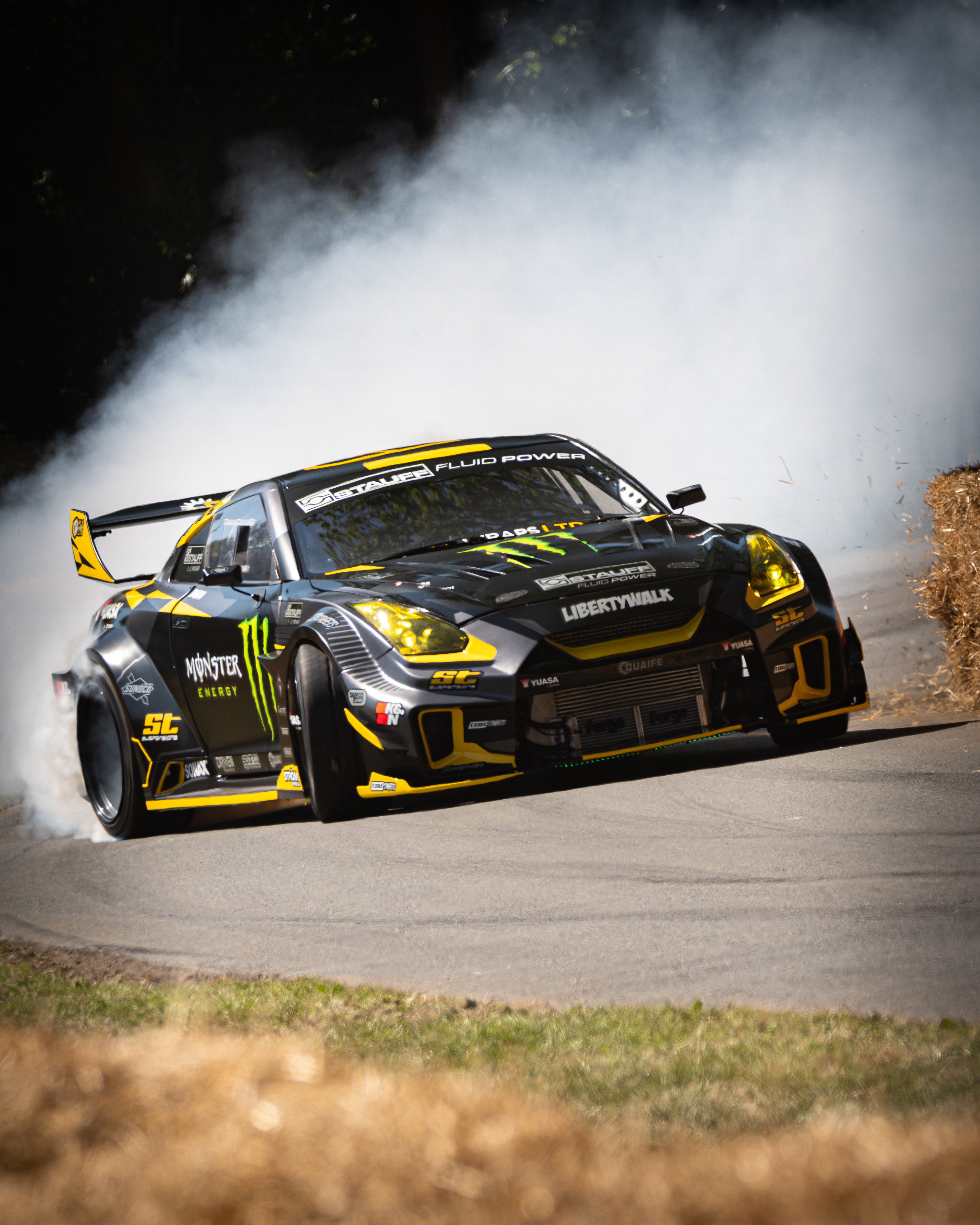 The Liberty Walk Nissan R35 GT-R being drifted by Steve "Baggsy" Biagioni at the 2025 Goodwood Festival of Speed